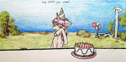 Size: 1280x628 | Tagged: safe, artist:azkre, imported from derpibooru, moondancer, pony, unicorn, amending fences, balloon, birthday, cake, crying, female, food, hat, party hat, sad, solo, traditional art