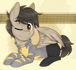 Size: 1000x922 | Tagged: safe, artist:higgly-chan, imported from derpibooru, oc, oc only, pegasus, pony, clothes, one eye closed, prone, smiling, solo, uniform, wink, wonderbolts uniform