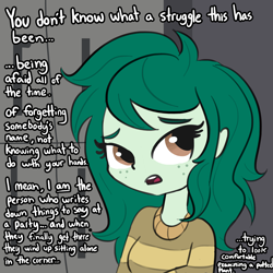 Size: 3000x3000 | Tagged: safe, artist:tjpones, imported from derpibooru, wallflower blush, equestria girls, equestria girls series, forgotten friendship, bust, clothes, dialogue, female, freckles, lockers, looking at you, parody, reginald barclay, solo, star trek, star trek: the next generation, sweater