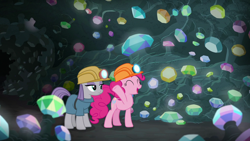 Size: 1280x720 | Tagged: safe, imported from derpibooru, screencap, maud pie, pinkie pie, earth pony, pony, rock solid friendship, cave, duo, eyes closed, female, gem, gem cave, glowing gems, hard hat, helmet, mining helmet, sisters, waving