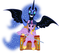 Size: 6323x5657 | Tagged: safe, artist:deyrasd, artist:salemcat, imported from derpibooru, nightmare moon, twilight sparkle, alicorn, pony, absurd resolution, cup, hoof shoes, simple background, sitting, sword, the witcher 3, throne, transparent background, twilight sparkle (alicorn), vector, weapon