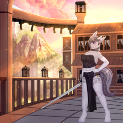 Size: 4000x4000 | Tagged: safe, alternate version, artist:nording, artist:nording34, imported from derpibooru, oc, oc only, oc:rainbow crash, anthro, unguligrade anthro, unicorn, anthro oc, breasts, clothes, cloud, dress, evening gloves, female, garter belt, garters, gloves, hand, lamp, long gloves, looking at you, mare, mountain, outdoors, rcf community, side slit, solo, stockings, sunset, sword, thigh highs, total sideslit, town, weapon, ych result