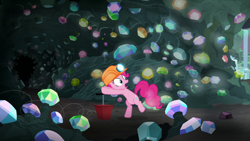 Size: 1280x720 | Tagged: safe, imported from derpibooru, screencap, pinkie pie, earth pony, pony, rock solid friendship, cave, dynamite plunger, female, gem, gem cave, hard hat, helmet, mare, mining helmet, solo, this will end in explosions