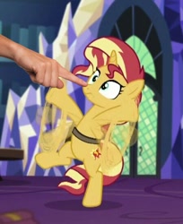 Size: 450x551 | Tagged: safe, edit, edited screencap, imported from derpibooru, screencap, sunset shimmer, unicorn, equestria girls, mirror magic, spoiler:eqg specials, bipedal, boop, boop edit, female, hand, mare, solo