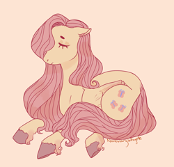 Size: 1360x1306 | Tagged: safe, artist:nonbinarylafayette, imported from derpibooru, fluttershy, pegasus, pony, eyes closed, female, floppy ears, folded wings, mare, prone, simple background, solo, unshorn fetlocks