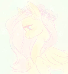 Size: 1354x1486 | Tagged: safe, artist:affurro, imported from derpibooru, fluttershy, pegasus, pony, bust, female, floral head wreath, flower, folded wings, hooves to the chest, looking down, mare, peaceful, portrait, profile, solo