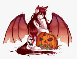 Size: 1300x1000 | Tagged: safe, artist:yunityart, imported from derpibooru, oc, oc only, oc:enya kir fire, bat pony, candy, food, halloween, heterochromia, holiday, jack-o-lantern, pumpkin