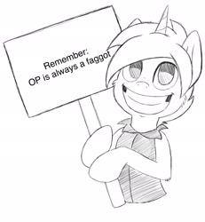 Size: 1896x2048 | Tagged: safe, artist:theartistsora, editor:henbasket, imported from derpibooru, oc, oc:crusader, unicorn, op is a faggot, sign, smiling, solo, vulgar