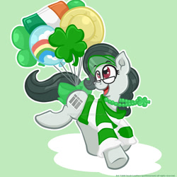 Size: 1024x1024 | Tagged: safe, artist:yoshimarsart, imported from derpibooru, oc, oc only, oc:front page, earth pony, pony, balloon, clothes, female, glasses, holiday, mare, saint patrick's day, shirt, solo, watermark