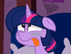 Size: 4001x3015 | Tagged: safe, artist:binkyt11, artist:slb94, color edit, edit, imported from derpibooru, twilight sparkle, alicorn, pony, bed, bust, colored, dizzy, female, floppy ears, mare, pillow, portrait, sick, solo, tongue out, twilight sparkle (alicorn)