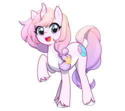 Size: 2321x2059 | Tagged: safe, artist:affurro, imported from derpibooru, oc, oc only, pony, unicorn, curved horn, cute, female, looking at you, mare, open mouth, raised hoof, simple background, smiling, solo, transparent background, unshorn fetlocks