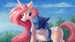 Size: 1440x810 | Tagged: safe, artist:plainoasis, imported from derpibooru, princess celestia, princess luna, alicorn, pony, duo, female, folded wings, hug, looking at each other, mare, one eye closed, pink-mane celestia, ponified animal photo, royal sisters, s1 luna, smiling, wink, younger