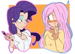 Size: 750x539 | Tagged: safe, artist:drawbauchery, artist:lordsauronthegreat, imported from derpibooru, fluttershy, rarity, human, blushing, bust, clothes, female, flarity, hair over one eye, humanized, lesbian, looking at each other, shipping, smiling