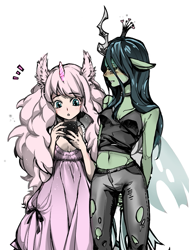 Size: 725x959 | Tagged: safe, artist:shell, imported from derpibooru, queen chrysalis, oc, oc:fluffle puff, anthro, belly button, canon x oc, chrysipuff, colored, fake horn, female, human facial structure, lesbian, pixiv, shipping