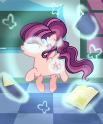 Size: 2556x3086 | Tagged: safe, artist:strawberry-spritz, imported from derpibooru, oc, oc only, oc:butterfly effect, pegasus, pony, alternate universe, base used, book, classroom, cutie mark, cutiespark, female, filly, floating, levitation, magic, offspring, parent swap au, parent:night light, parent:posey shy, parents:poseynight, ponytail, solo, spread wings, telekinesis, window, wings, younger