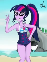 Size: 975x1280 | Tagged: safe, artist:markvoid21, imported from derpibooru, sci-twi, twilight sparkle, equestria girls, equestria girls series, forgotten friendship, adorasexy, armpits, beach, clothes, cute, female, glasses, lidded eyes, looking at you, ocean, peace sign, rock horse, sand, sexy, solo, swimsuit, twiabetes