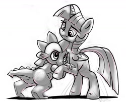 Size: 1675x1352 | Tagged: safe, artist:gsphere, imported from derpibooru, spike, twilight sparkle, alicorn, dragon, pony, female, male, mare, monochrome, pushing, simple background, sketch, twilight sparkle (alicorn), white background