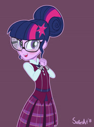 Size: 1500x2020 | Tagged: safe, artist:superion, imported from derpibooru, sci-twi, twilight sparkle, equestria girls, adorkable, beautiful, blushing, clasped hands, clothes, crystal prep academy uniform, cute, dork, female, glasses, hair bun, hairpin, looking at you, outfit, pleated skirt, purple background, school uniform, simple background, skirt, smiling, smiling at you, solo, twiabetes, uniform