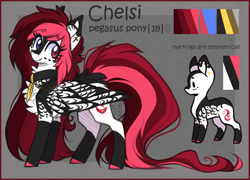 Size: 1100x792 | Tagged: safe, artist:tay-niko-yanuciq, artist:tenebristayga, imported from derpibooru, oc, oc only, oc:chelsi, pegasus, pony, chest fluff, coat markings, collar, colored hooves, colored wings, female, heterochromia, long hair, long tail, looking back, mare, reference sheet, socks (coat marking), socks (coat markings), solo