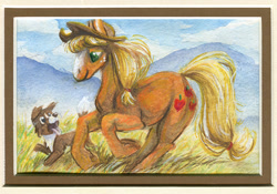 Size: 600x421 | Tagged: safe, artist:sparkynekomi, imported from derpibooru, applejack, winona, dog, earth pony, pony, blaze (coat marking), coat markings, cowboy hat, duo, facial markings, female, hat, mare, realistic horse legs, running, traditional art, watercolor painting