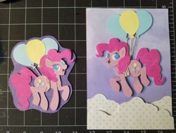 Size: 1280x960 | Tagged: safe, artist:sparkynekomi, imported from derpibooru, pinkie pie, earth pony, pony, balloon, craft, female, floating, flying, irl, mare, papercraft, photo, shadowbox, solo, then watch her balloons lift her up to the sky