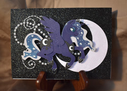 Size: 900x647 | Tagged: safe, artist:sparkynekomi, imported from derpibooru, princess luna, alicorn, pony, craft, crescent moon, female, flying, irl, mare, moon, papercraft, pearl, photo, shadowbox, solo, space, transparent moon