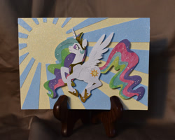 Size: 1500x1198 | Tagged: safe, artist:sparkynekomi, imported from derpibooru, princess celestia, alicorn, pony, craft, female, flying, glitter, irl, mare, papercraft, photo, shadowbox, solo, sun