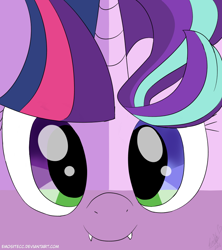 Size: 800x900 | Tagged: safe, artist:emositecc, imported from derpibooru, spike, starlight glimmer, twilight sparkle, alicorn, dragon, pony, amalgamation, fangs, female, looking at you, smiling, twilight sparkle (alicorn)