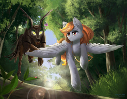 Size: 900x705 | Tagged: safe, artist:lifejoyart, imported from derpibooru, oc, oc only, ladybug, pegasus, pony, timber wolf, commission, female, flower, forest, mare, tree, trotting