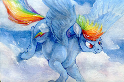 Size: 600x396 | Tagged: safe, artist:sparkynekomi, imported from derpibooru, rainbow dash, pegasus, pony, female, flying, mare, solo, traditional art, watercolor painting