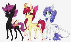 Size: 2000x1176 | Tagged: safe, artist:australian-senior, imported from derpibooru, apple bloom, scootaloo, sweetie belle, changeling, crystal pony, earth pony, pony, unicorn, kirindos, alternate cutie mark, alternate design, alternate universe, changelingified, colored hooves, cutie mark crusaders, earth pony sweetie belle, leonine tail, magic, race swap, raised hoof, scootaling, simple background, sparkly mane, species swap, unicorn apple bloom, unshorn fetlocks, white background