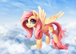 Size: 4961x3508 | Tagged: safe, artist:adagiostring, artist:inowiseei, imported from derpibooru, fluttershy, pegasus, pony, absurd resolution, cheek fluff, cloud, collaboration, cute, ear fluff, female, flying, looking at you, mare, scenery, shyabetes, sky, smiling, solo, spread wings, wings