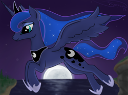 Size: 1750x1300 | Tagged: safe, artist:soctavia, imported from derpibooru, princess luna, alicorn, female, flying, happy, mare, moon, night, smiling, stars, water