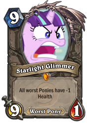 Size: 400x569 | Tagged: safe, edit, edited screencap, imported from derpibooru, screencap, starlight glimmer, angry, card, drama, hearthstone, joke, legendary, op is a duck, open mouth, parody, quite, starlight drama, teeth, useless, warcraft, worst pony