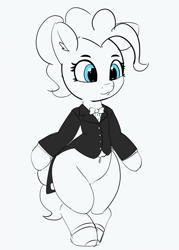 Size: 1280x1787 | Tagged: safe, artist:pabbley, imported from derpibooru, pinkie pie, earth pony, pony, semi-anthro, 30 minute art challenge, bipedal, clothes, female, mare, monochrome, neo noir, partial color, simple background, solo, tuxedo, white background