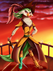 Size: 1024x1367 | Tagged: safe, artist:artquake1511, imported from derpibooru, captain celaeno, parrot, my little pony: the movie, airship, clothes, female, hat, pirate, pirate hat, prosthetics, sign, solo, sword, weapon