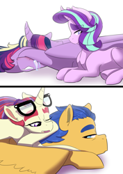 Size: 3507x4960 | Tagged: safe, artist:marukouhai, imported from derpibooru, flash sentry, moondancer, starlight glimmer, twilight sparkle, alicorn, pony, crying, high res, implied flashlight, implied shipping, implied straight, prone, twilight sparkle (alicorn)