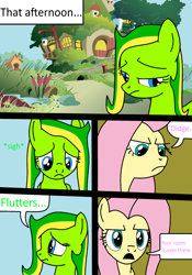 Size: 1260x1800 | Tagged: safe, artist:didgereethebrony, imported from derpibooru, fluttershy, oc, oc:boomerang beauty, oc:didgeree, comic:a different type of testing, boomeree, comic, fluttershy's cottage, male to female, rule 63, trace, transformation, transgender transformation