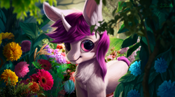 Size: 1600x887 | Tagged: safe, artist:lulemt, imported from derpibooru, oc, oc only, oc:lapush buns, pony, unicorn, bunnycorn, chest fluff, detailed, flower, grass, long ears, looking at you, male, solo, stallion