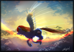 Size: 2047x1447 | Tagged: safe, artist:sakuracheetah, imported from derpibooru, rainbow dash, pegasus, pony, cloud, female, flying, mare, sky, solo