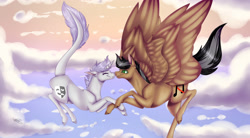 Size: 3000x1650 | Tagged: safe, artist:sofienriquez, imported from derpibooru, oc, oc only, oc:artsong, oc:thespia, pegasus, pony, unicorn, falling, female, holding hooves, lesbian, mare, nuzzling, oc x oc, shipping