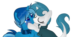 Size: 1024x522 | Tagged: safe, artist:mintoria, imported from derpibooru, oc, oc only, oc:blue dye, pony, unicorn, cloak, clothes, female, kissing, mare, simple background, transparent background