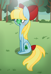 Size: 747x1071 | Tagged: safe, artist:darbypop1, imported from derpibooru, oc, oc only, oc:clover sparks, earth pony, pony, base used, bow, clover, female, filly, four leaf clover, hair bow, mare, sitting, solo