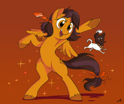 Size: 3800x3200 | Tagged: safe, artist:docwario, imported from derpibooru, oc, oc only, oc:warm wishes, dog, pegasus, pony, bipedal, feather, open mouth, smiling, solo, spread wings, wings