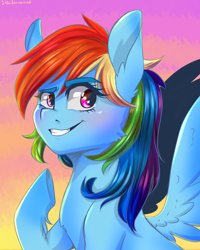 Size: 2000x2500 | Tagged: safe, artist:silbersternenlicht, imported from derpibooru, rainbow dash, pegasus, pony, dreamworks face, female, mare, multicolored hair, smiling, solo, spread wings, underhoof, wings