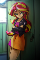 Size: 1377x2039 | Tagged: safe, artist:oberon826, imported from derpibooru, sunset shimmer, human, equestria girls, beautiful, clothes, crossed arms, female, jacket, leaning, leather jacket, lockers, looking at you, skirt, solo, thighs