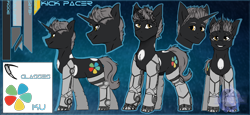 Size: 5000x2300 | Tagged: safe, artist:flysouldragon, artist:sinrinf, imported from derpibooru, oc, oc only, oc:kick pacer, cyborg, unicorn, amputee, male, prosthetic limb, prosthetics, reference sheet, solo, stallion