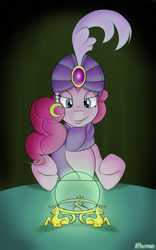 Size: 1000x1600 | Tagged: dead source, safe, artist:afterman, imported from derpibooru, pinkie pie, charm, clothes, crystal ball, feather, female, glow, glowing, madame pinkie, scarf, smiling, smirk, solo