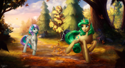 Size: 3465x1898 | Tagged: safe, artist:l1nkoln, imported from derpibooru, oc, oc only, oc:first edition, oc:silverstar, pegasus, pony, unicorn, autumn, commission, female, forest, mare, raised hoof, scenery, smiling, tree