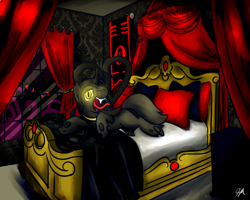 Size: 1280x1024 | Tagged: safe, artist:sugar morning, imported from derpibooru, oc, oc only, oc:flavis, changeling, bed, bedroom, bedroom eyes, commission, creepy, curtains, dark, forked tongue, glowing eyes, lying down, mansion, open mouth, pillow, snake tongue, tendrils, tentacles, tongue out, window, yellow changeling, yellow eyes